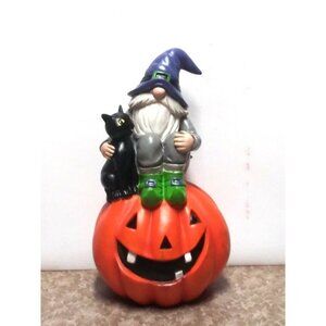 NWT Jack O Lantern Gnome with black cat Halloween resin figurine NEW 12.5" tall